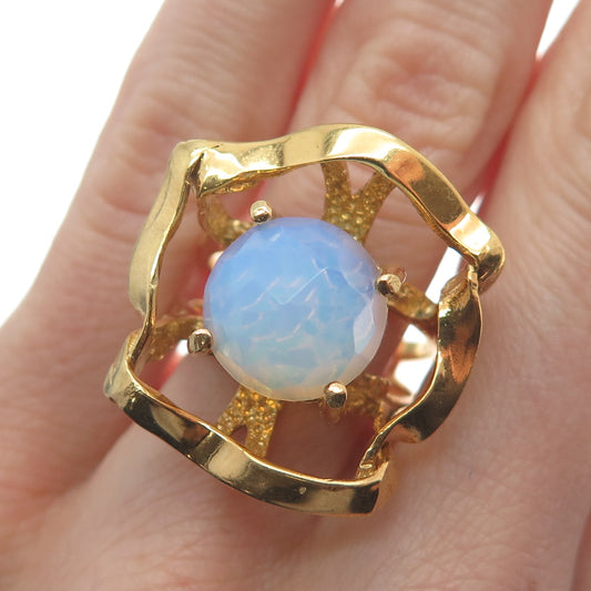 925 Sterling Silver Gold Plated Real Opalite Gem Modernist Wide Ring Size 8.5