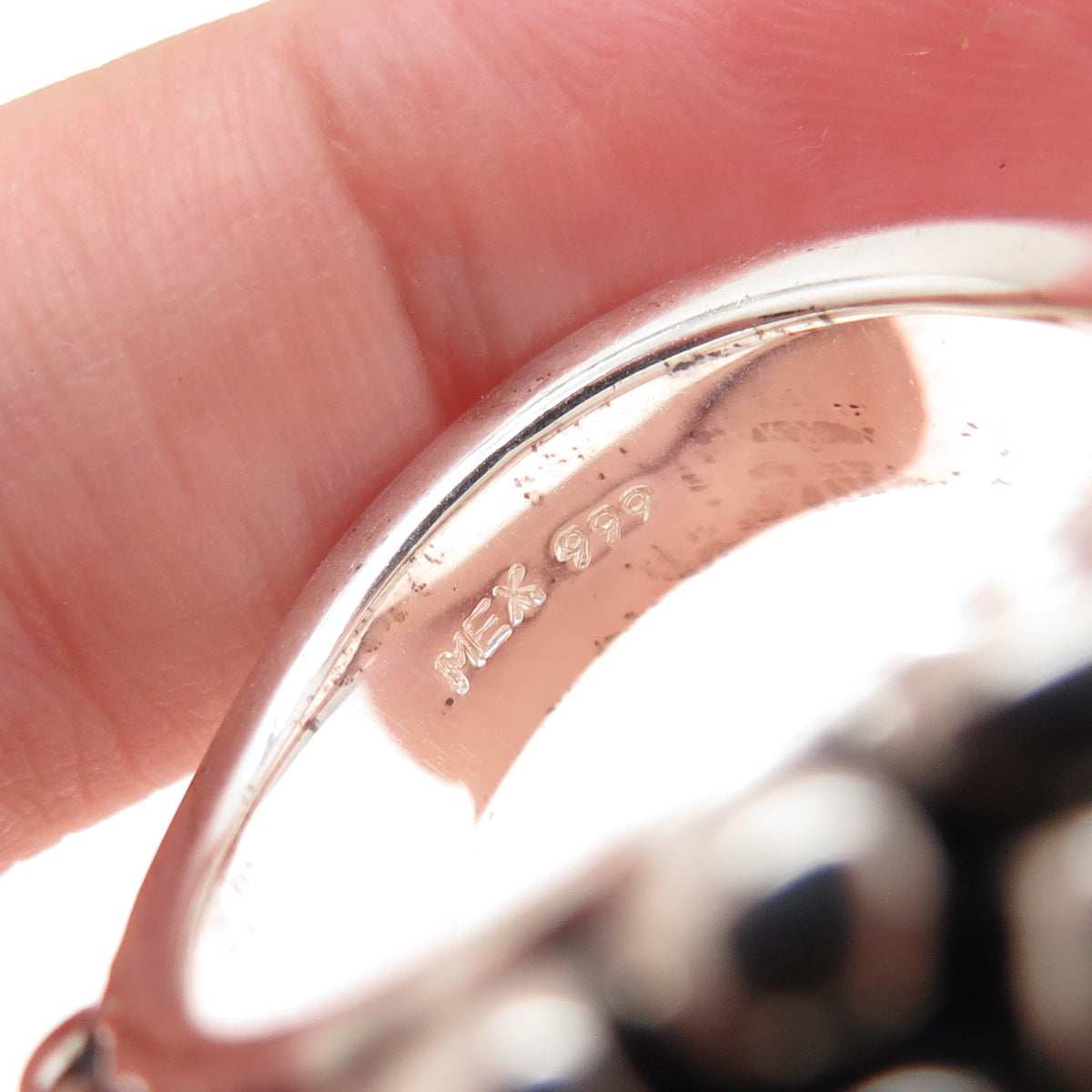 999 Fine Silver Vintage Mexico Modernist Beaded Oxidized Ring Size 8.5
