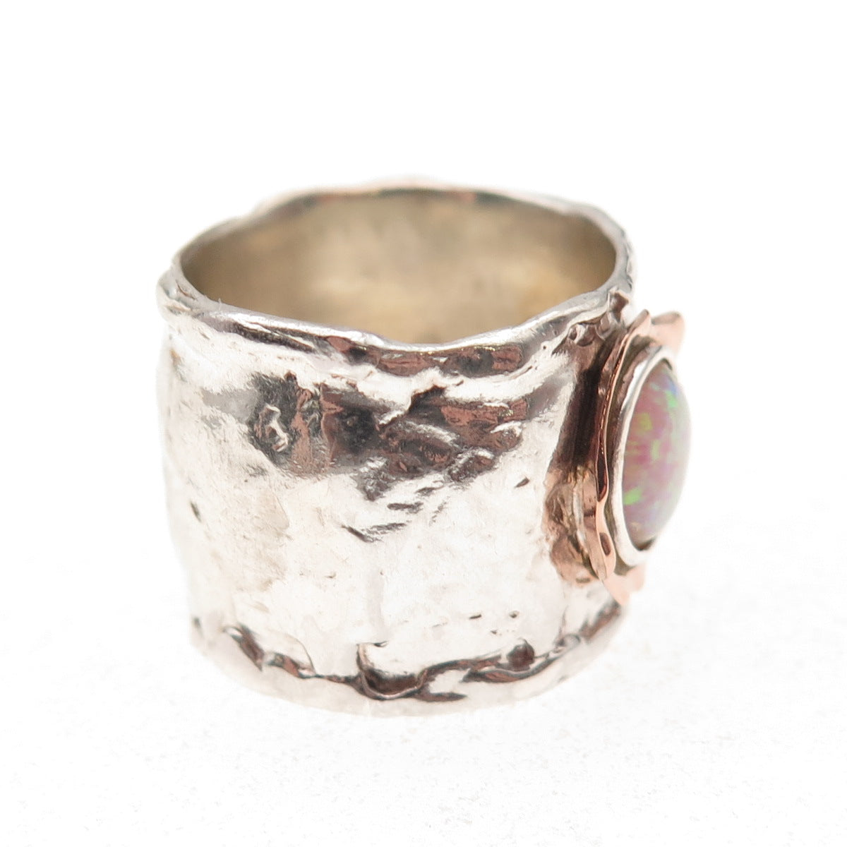 925 Sterling Silver 14K Gold Vintage Real Opal Modernist Hammered Ring Size 8