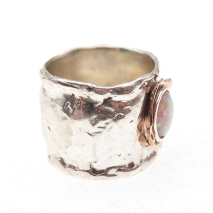 925 Sterling Silver 14K Gold Vintage Real Opal Modernist Hammered Ring Size 8