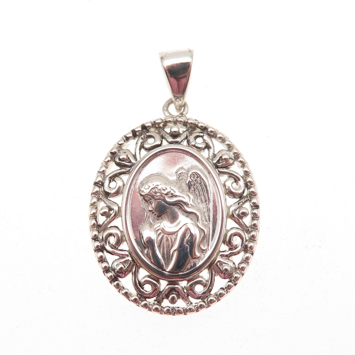 925 Sterling Silver Vintage Praying Angel Ornate Oxidized Charm Pendant