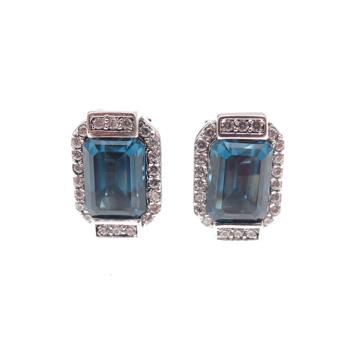 Han 925 Sterling Silver Emerald-Cut Blue & Round-Cut White C Z Stud Earrings