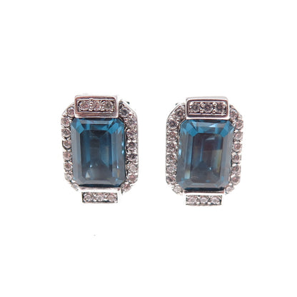 Han 925 Sterling Silver Emerald-Cut Blue & Round-Cut White C Z Stud Earrings