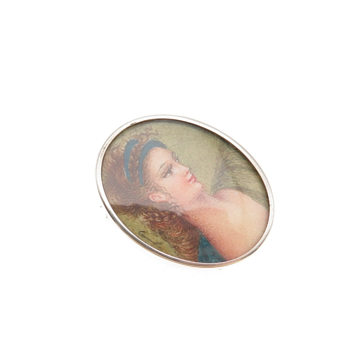 800 Silver Vintage Italy Hand-Painted Lady Portrait Pin Brooch Pendant