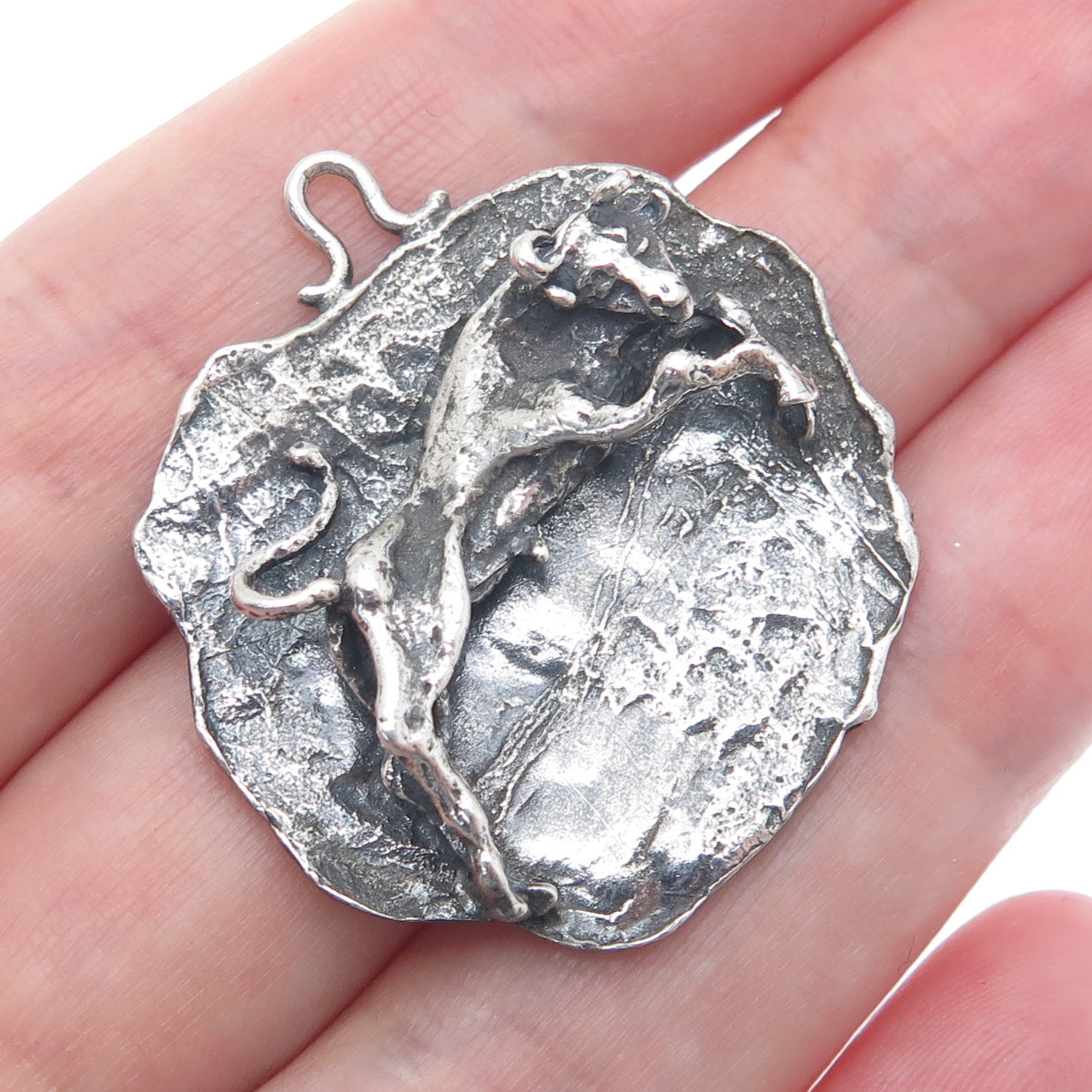 925 Sterling Silver Vintage Taurus Zodiac Modernist Brutalist Oxidized Pendant