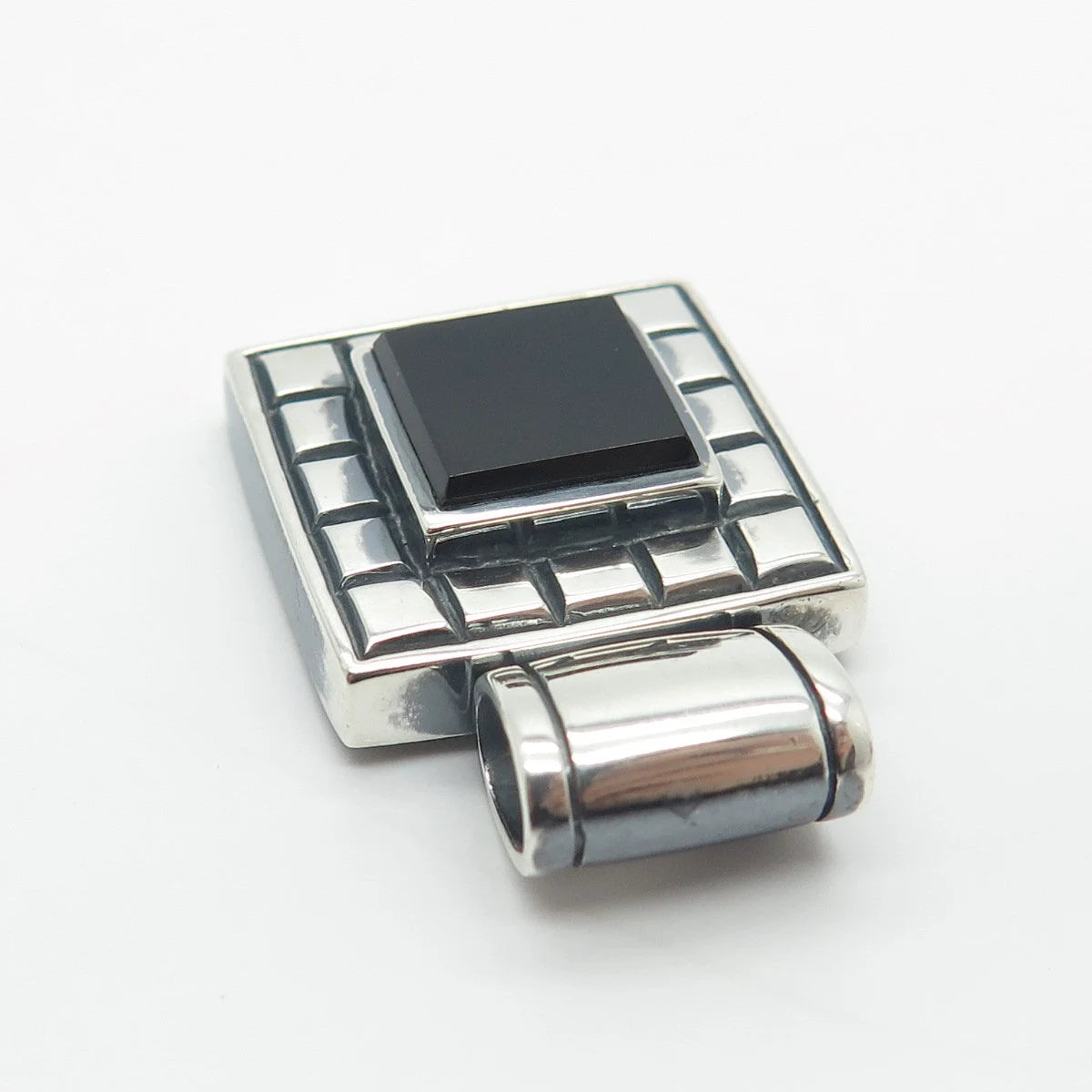 925 Sterling Silver Vintage Sunstone Imports Black Onyx Gem Square Pendant