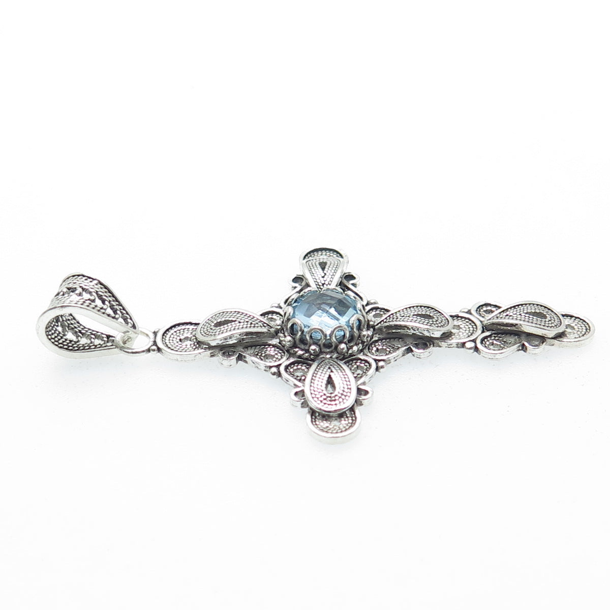 925 Sterling Silver Vintage Turkey Blue Topaz Gemstone Filigree Cross Pendant