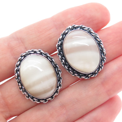 925 Sterling Silver Vintage Mexico Real MOP Modernist Roped Oxidized Earrings