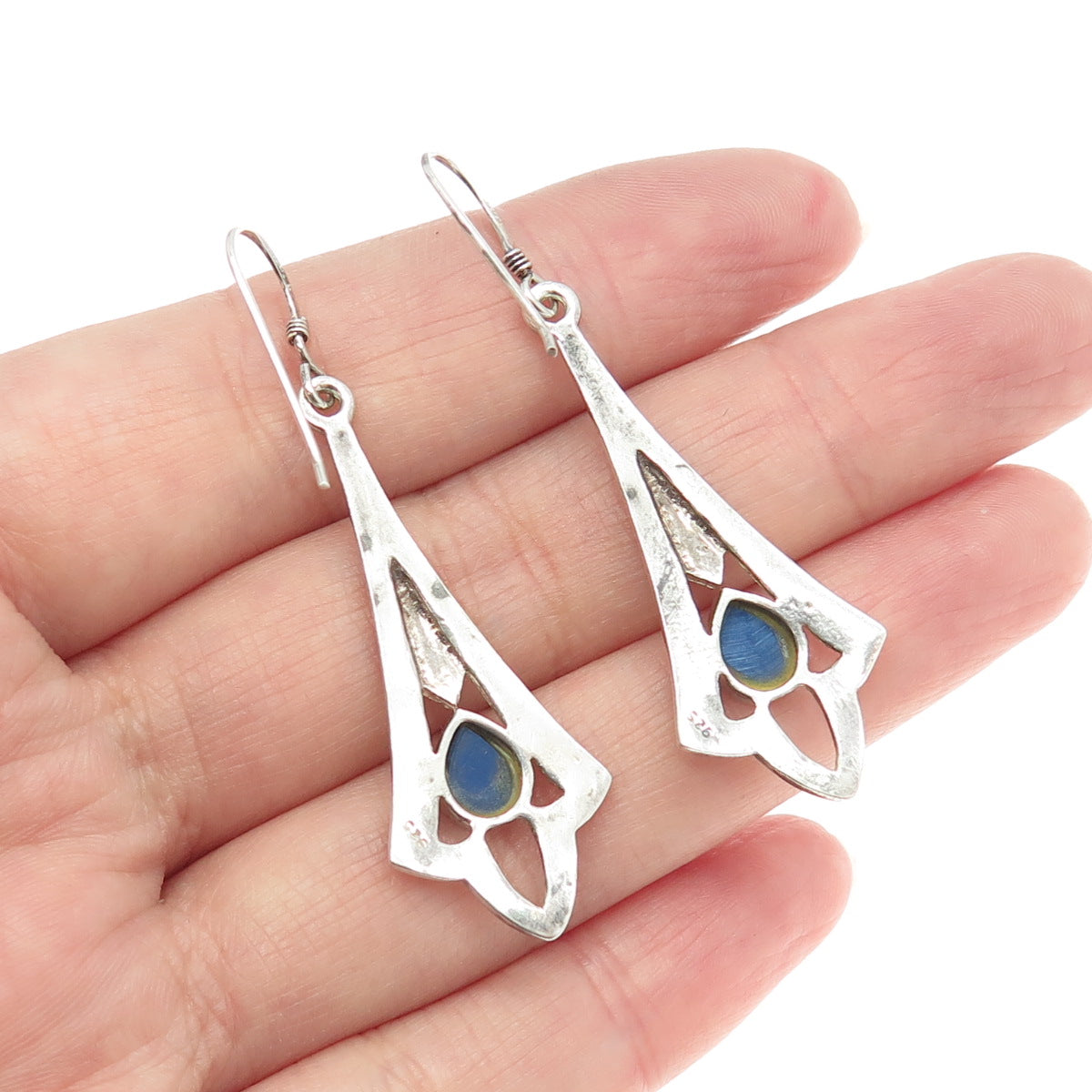 925 Sterling Silver Vintage Real Lapis Floral Dangling Earrings