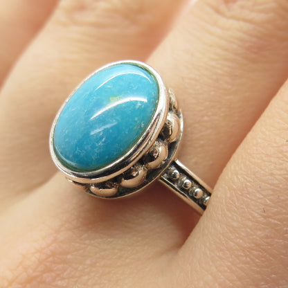 925 Sterling Silver Vintage Real Lone Mountain Turquoise Beaded Ring Size 10.25