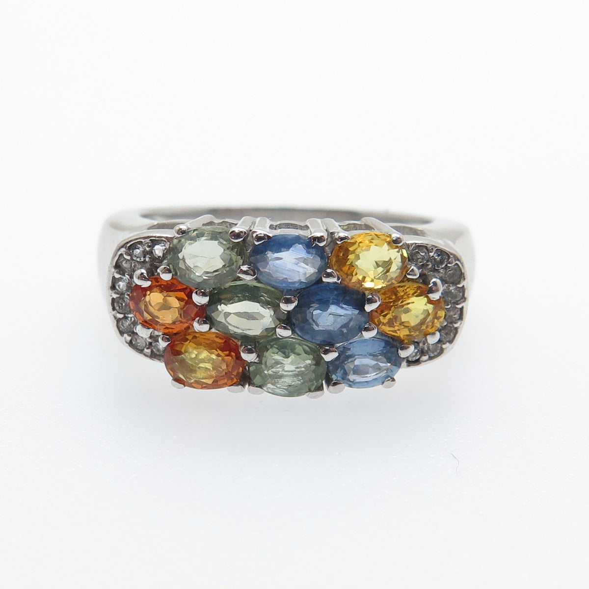 925 Sterling Silver Real Multi-Color Sapphire & White Topaz Cluster Ring Size 7