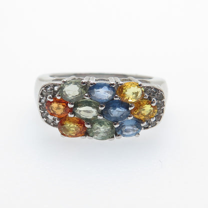 925 Sterling Silver Real Multi-Color Sapphire & White Topaz Cluster Ring Size 7