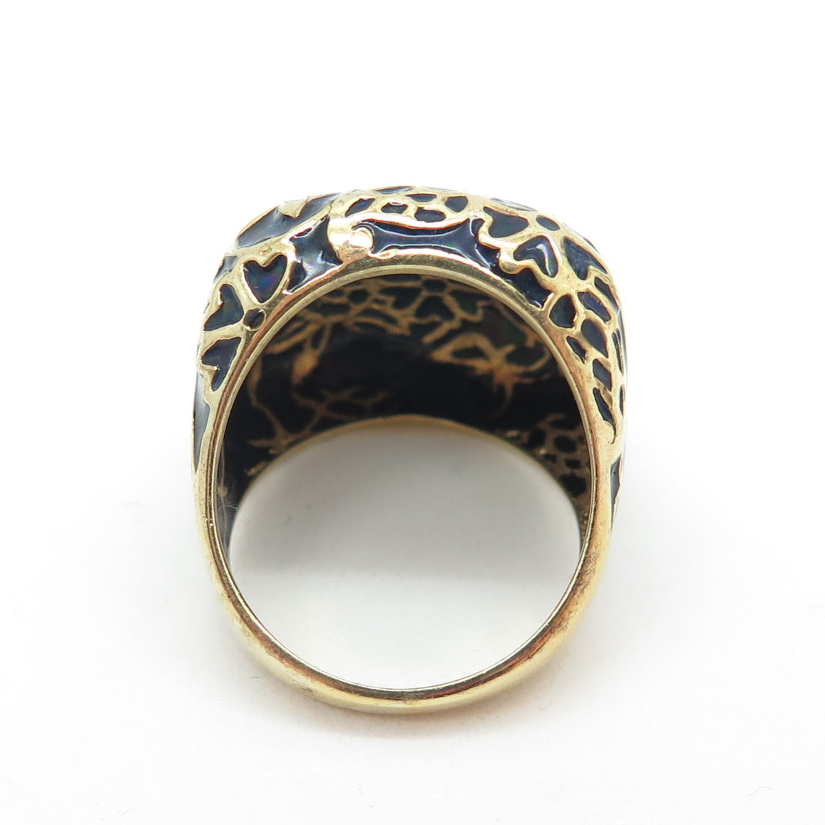 925 Sterling Silver Gold Plated Black Enamel Floral Wide Ring Size 6