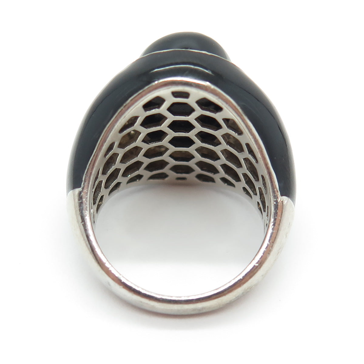 925 Sterling Silver Enamel Real Black Onyx & White Topaz Ring Size 7.25