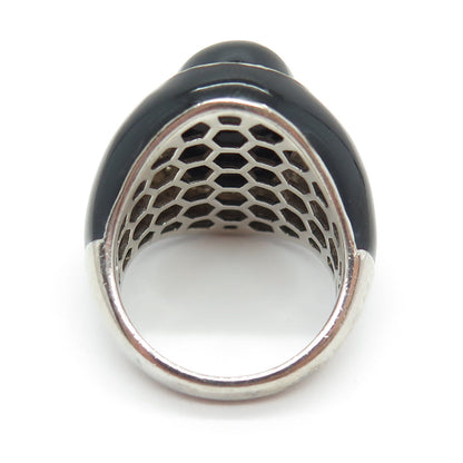 925 Sterling Silver Enamel Real Black Onyx & White Topaz Ring Size 7.25