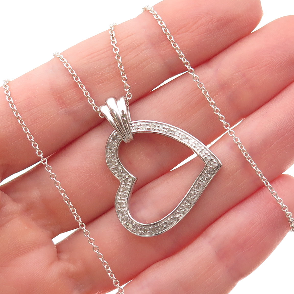 HN Heng Ngai 925 Sterling Silver Real Diamond Heart Cable Chain Necklace 18"