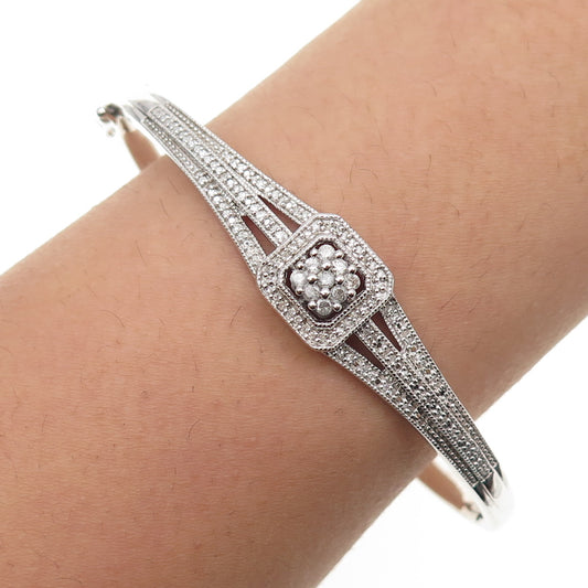 SUN 925 Sterling Silver Real Round-Cut Diamond Bangle Bracelet 7"