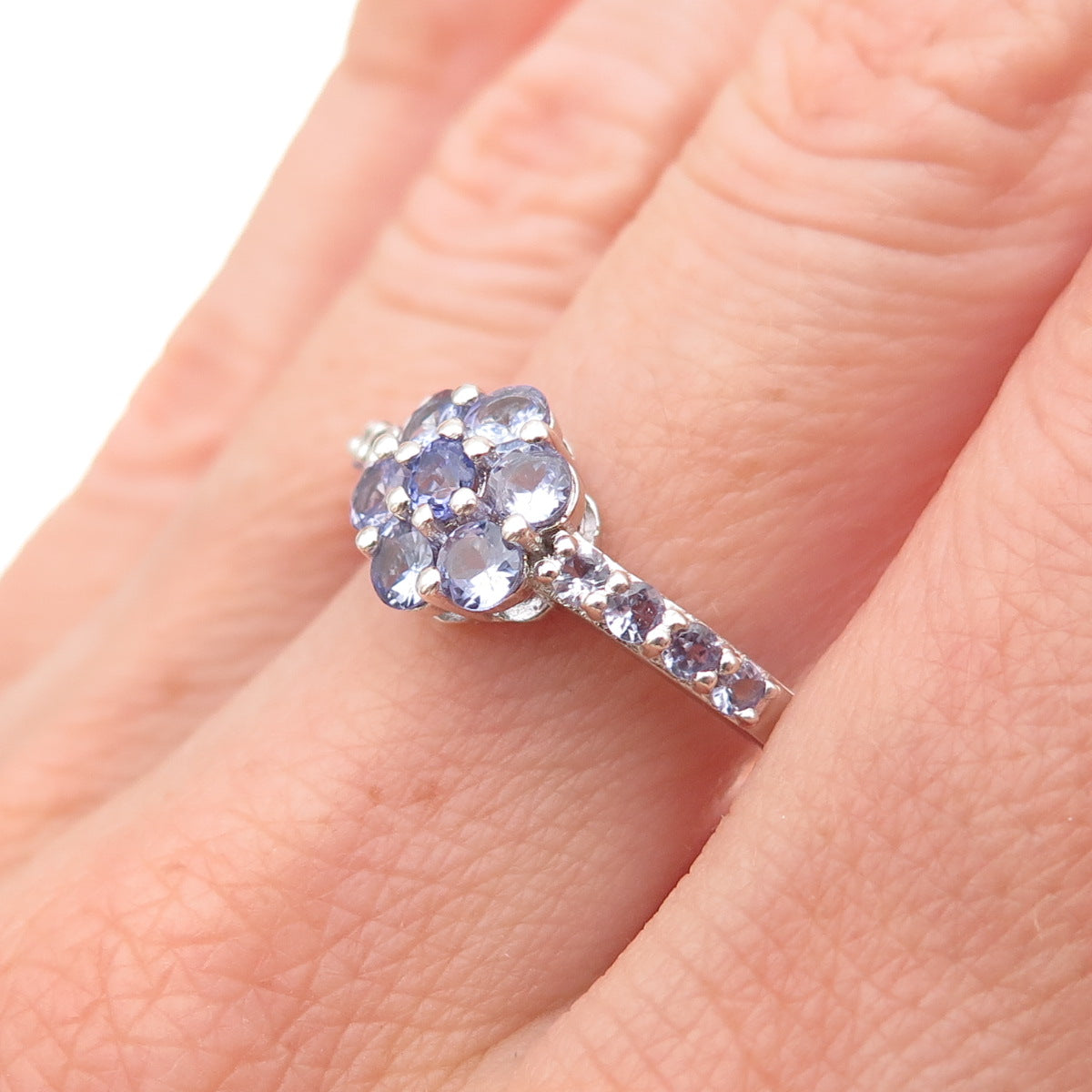 Chuck Clemency 925 Sterling Silver Real Round-Cut Tanzanite Floral Ring Size 8