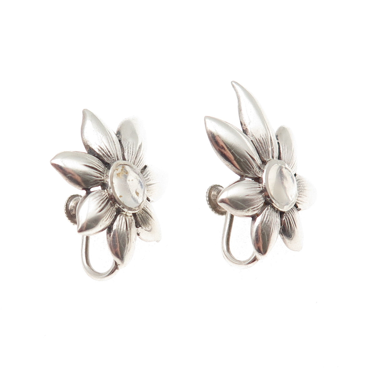 Madeleine Turner Sterling Vintage Real Moonstone Floral Screw Back Earrings #175