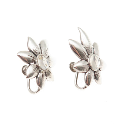 Madeleine Turner Sterling Vintage Real Moonstone Floral Screw Back Earrings #175