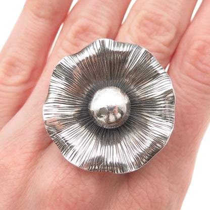 925 Sterling Silver Vintage Modernist Flower Statement Oxidized Ring Size 8.75