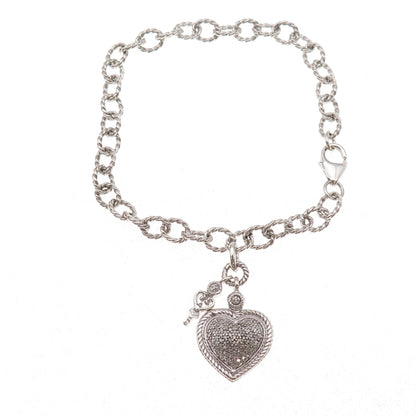 925 Sterling Silver Real Diamond Heart & Key Bracelet 7" (missing stone)
