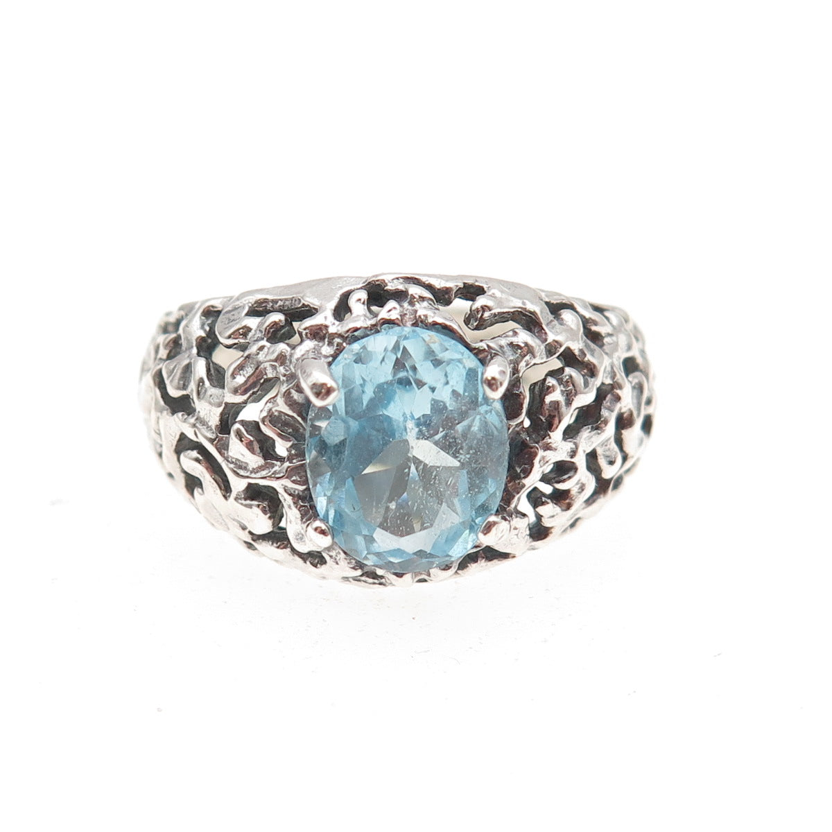 925 Sterling Silver Vintage Real Blue Topaz Modernist Oxidized Ring Size 9