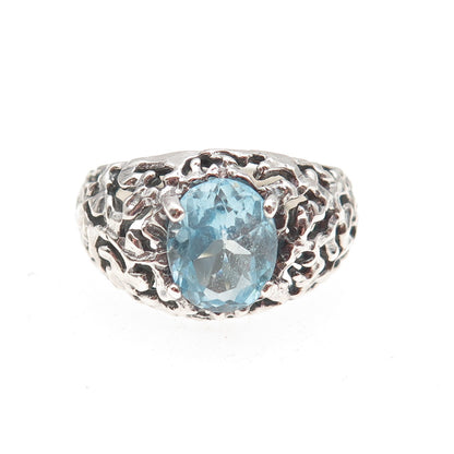 925 Sterling Silver Vintage Real Blue Topaz Modernist Oxidized Ring Size 9