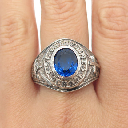 925 Sterling Silver Vintage 1974 Blue Glass St. Catherine School Ring Size 12