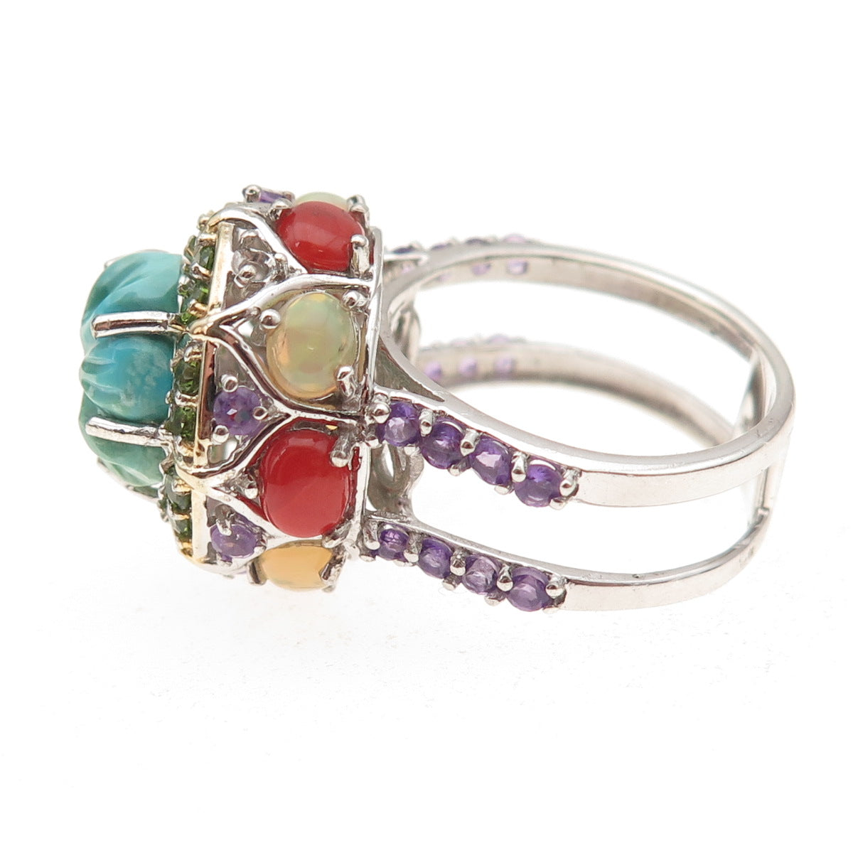 Chuck Clemency 925 Sterling Turquoise Coral Opal Amethyst Peridot Ring Size 8.5