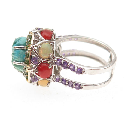 Chuck Clemency 925 Sterling Turquoise Coral Opal Amethyst Peridot Ring Size 8.5