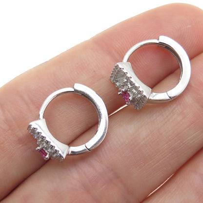 925 Sterling Silver Pink Princess-Cut & White Round-Cut Shaped C Z Hoop Earrings