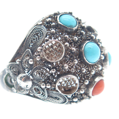 925 Sterling Antique China Turquoise Coral Ring Size 5.25 (missing 3 stones)