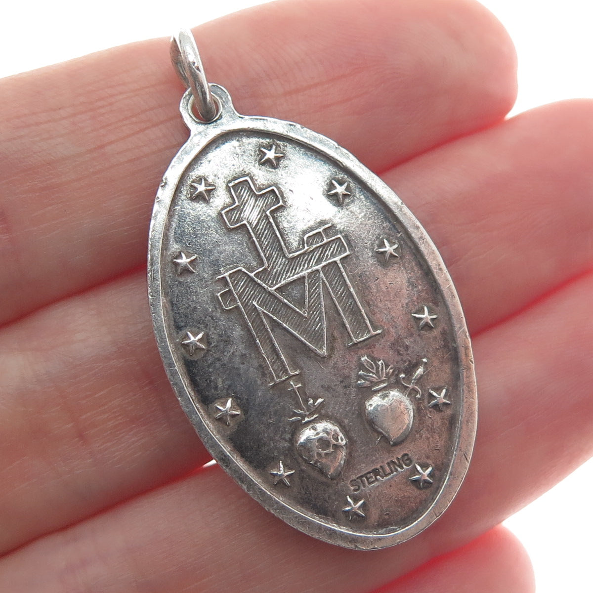 925 Sterling Silver Antique Art Deco St. Mary Religious Medal Oxidized Pendant