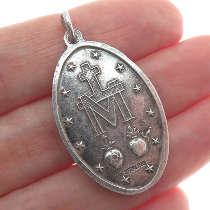 925 Sterling Silver Antique Art Deco St. Mary Religious Medal Oxidized Pendant