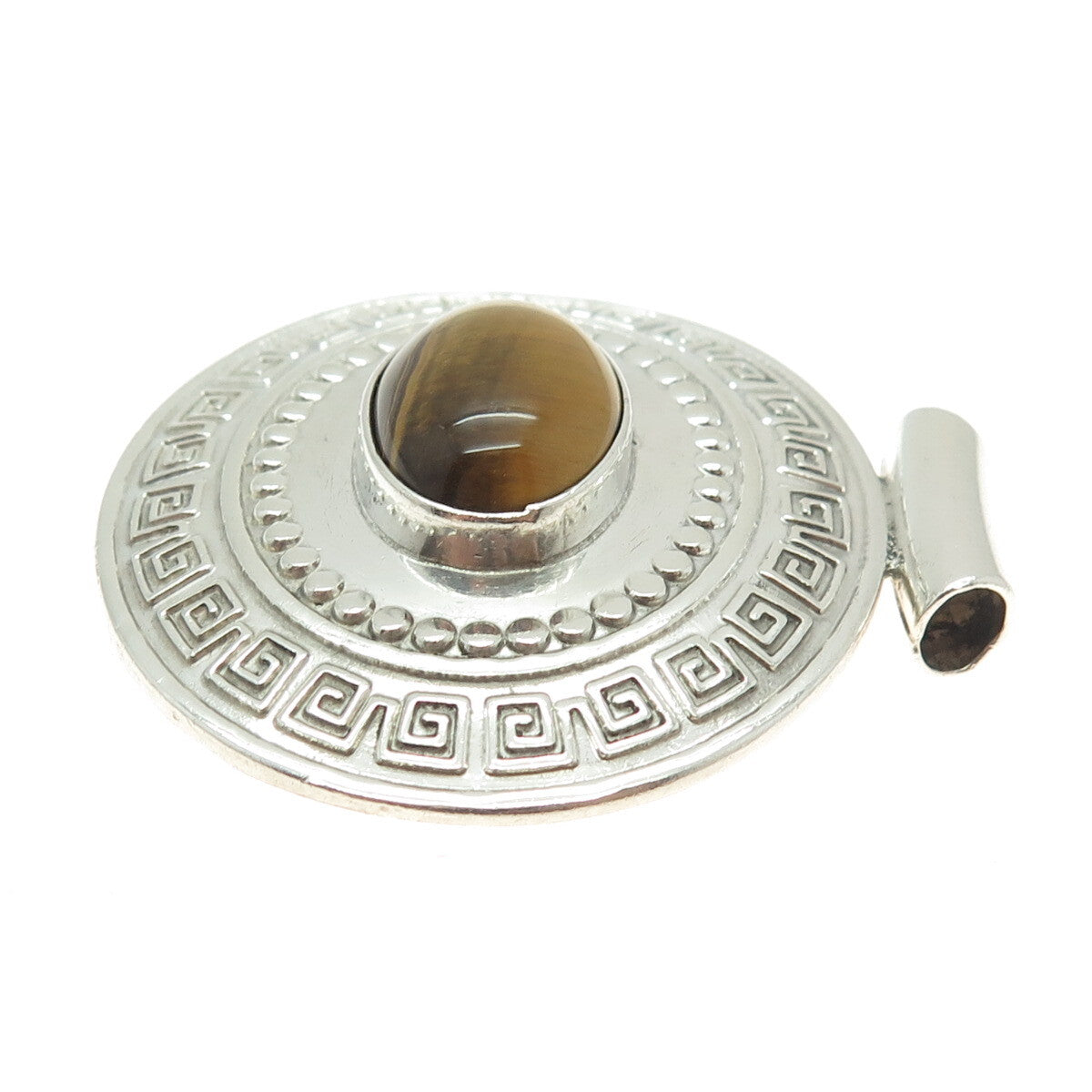 925 Sterling Silver Vintage Mexico Real Tiger Eye Greek Maze Slide Pendant