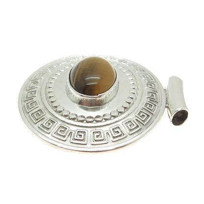 925 Sterling Silver Vintage Mexico Real Tiger Eye Greek Maze Slide Pendant