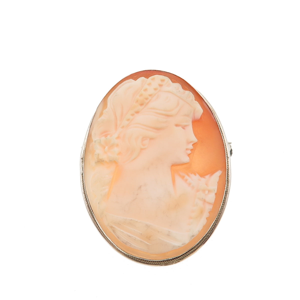 800 Silver 2-Tone Antique Art Deco Real MOP Lady Cameo Pin Brooch / Pendant