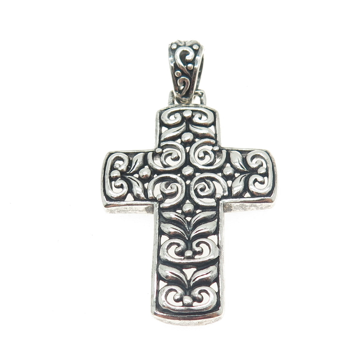 925 Sterling Silver Vintage Ornate Floral Cross Oxidized Pendant