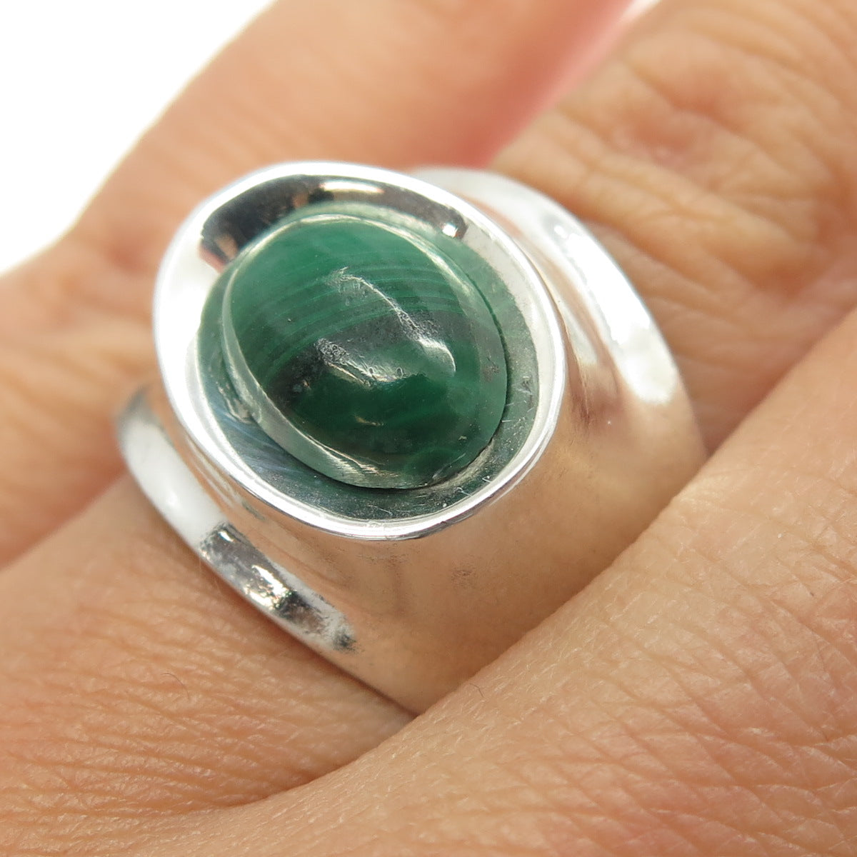 925 Sterling Silver Vintage Mexico Real Malachite Gemstone Ring Size 7.25