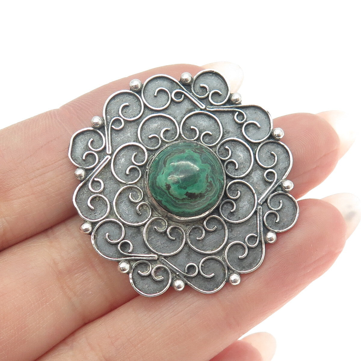 925 Sterling Silver Vintage Real Malachite Floral Ornate Pin Brooch