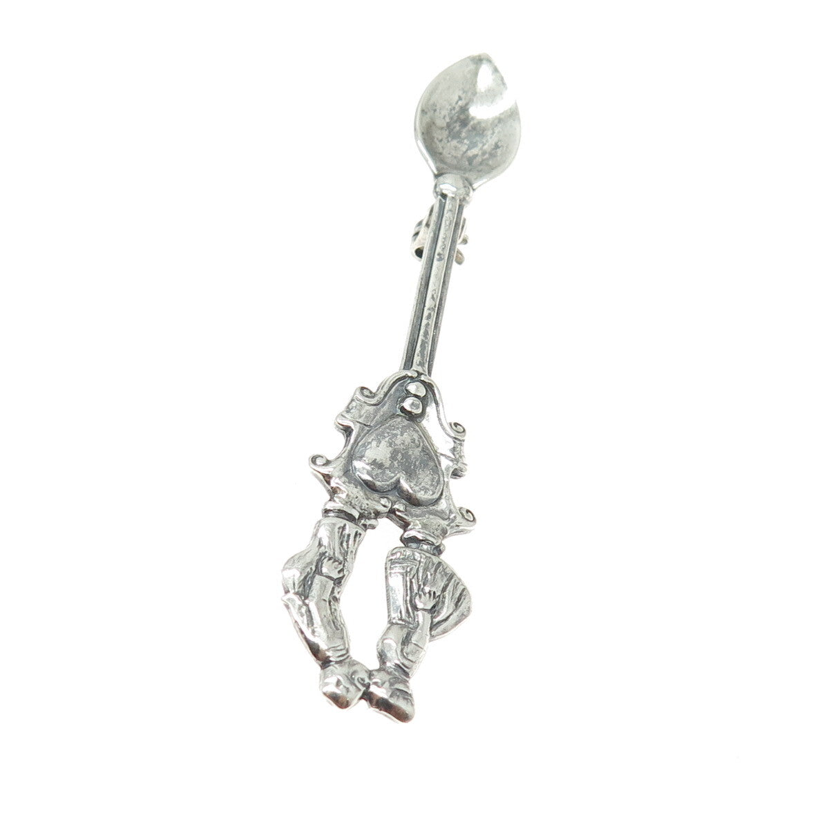 925 Sterling Silver Antique Art Deco Couple Kiss Oxidized Salt Spoon Pin Brooch