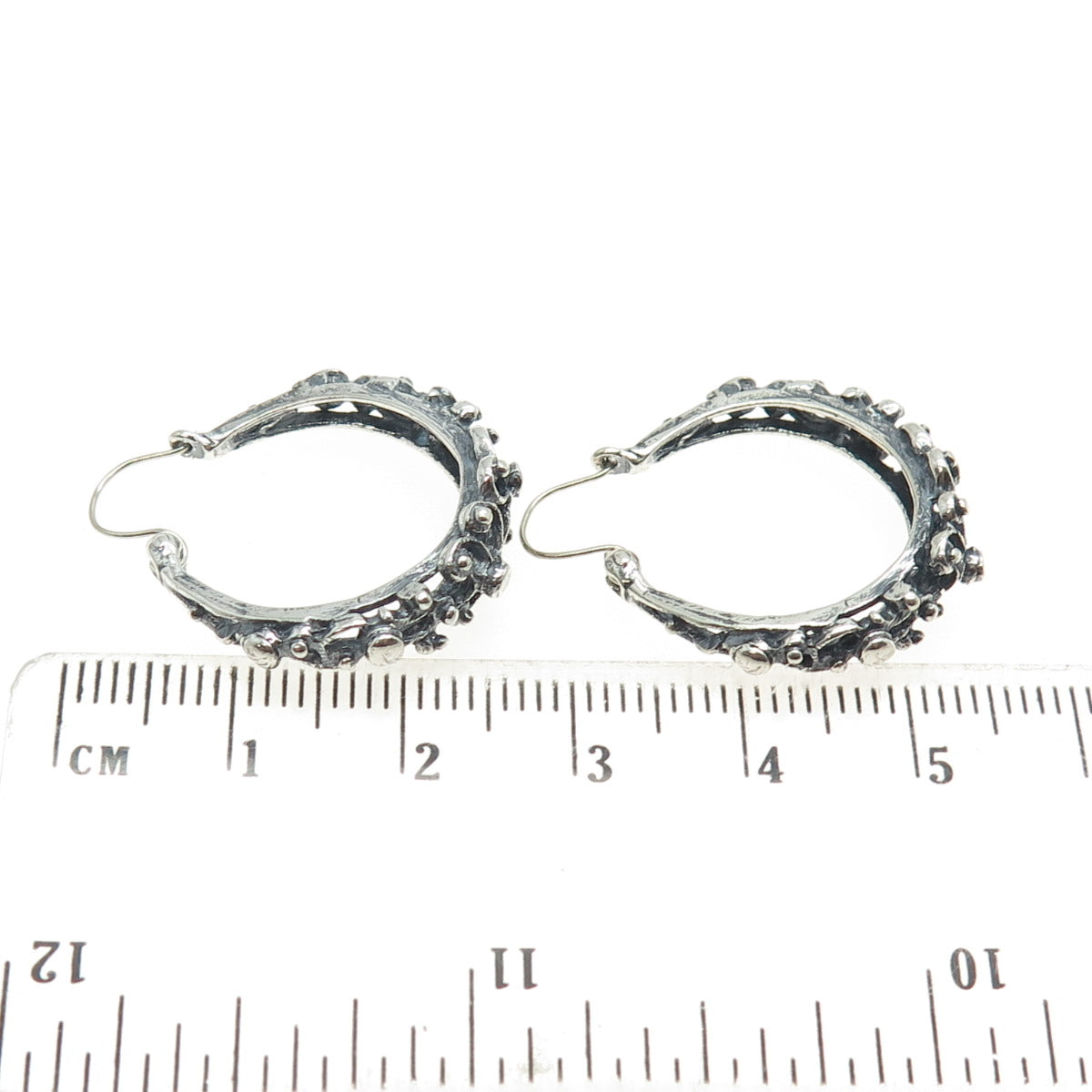 925 Sterling Silver Vintage Floral Oxidized Hoop Earrings