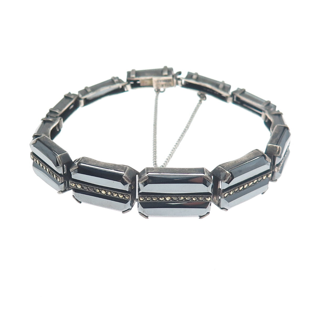 925 Sterling Silver Antique Germany Real Hematite & Marcasite Bracelet 7"