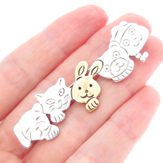 925 Sterling Silver 2-Tone Vintage Mexico Cat Dog Bear Rabbit Cartoon Pin Brooch