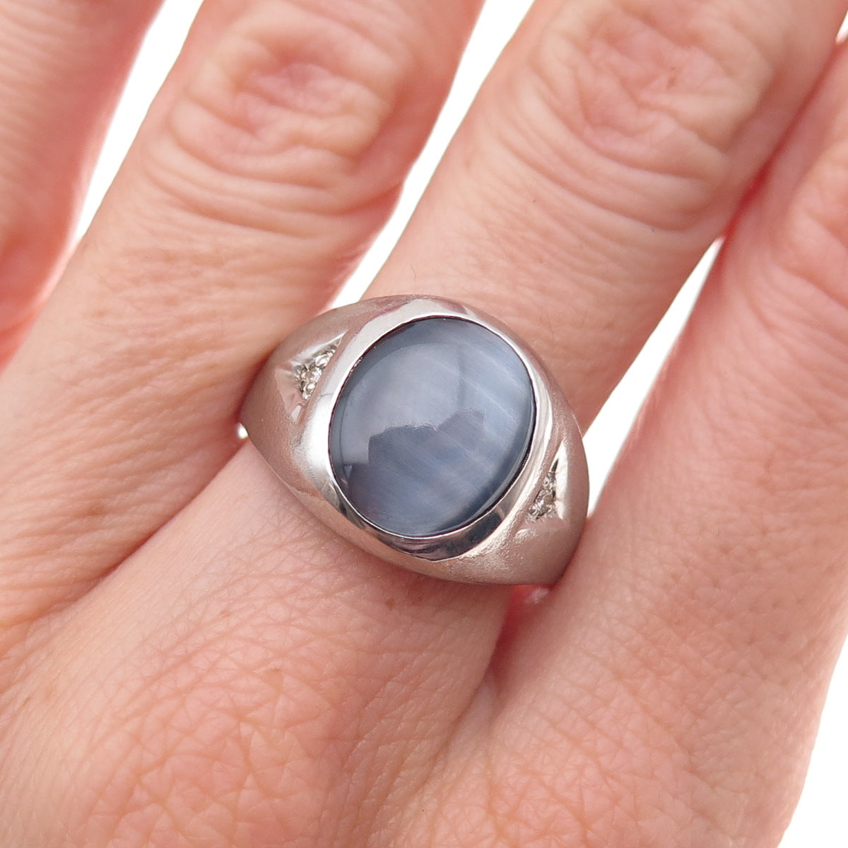 Dason 925 Sterling Silver Vintage Real Diamond & Cat's Eye Ring Size 10