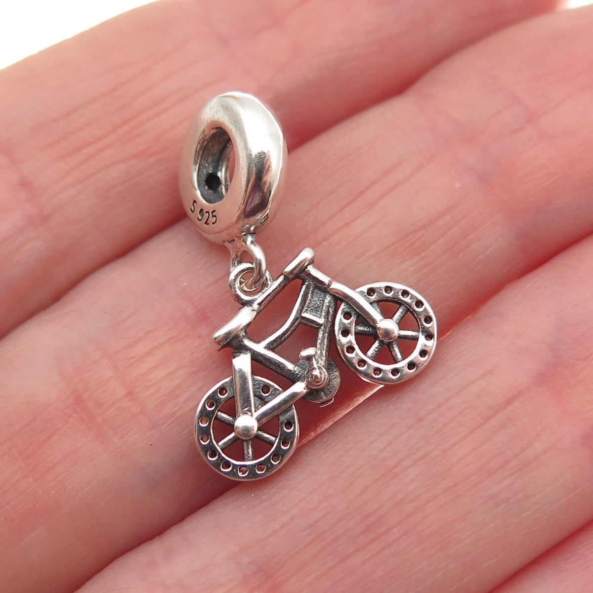 925 Sterling Silver Round-Cut C Z Bicycle Dangle Charm
