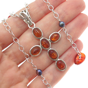 BARSE Sterling Silver Vintage Amber Pearl Carnelian Turquoise Cross Necklace 18"