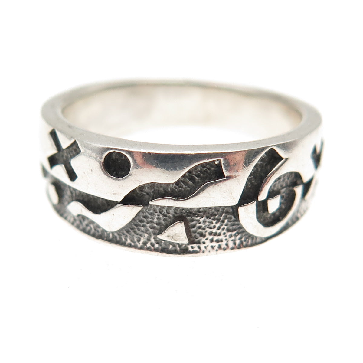 925 Sterling Silver Vintage Tribal Symbols Oxidized Ring Size 7