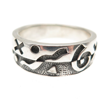925 Sterling Silver Vintage Tribal Symbols Oxidized Ring Size 7